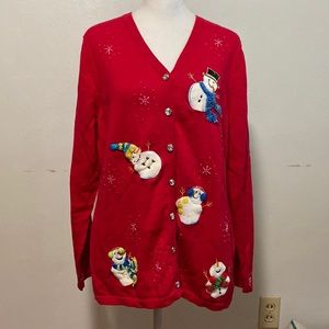 “Berek” XL Ugly Christmas Sweater with snowmen and beaded accents